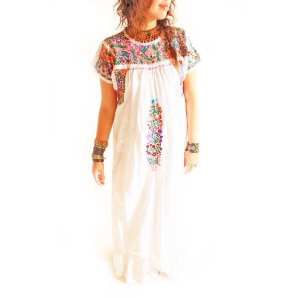 Mexican Dress Authentic San Antonino Hand Embroidered Oaxaca Maxi Dress Floral